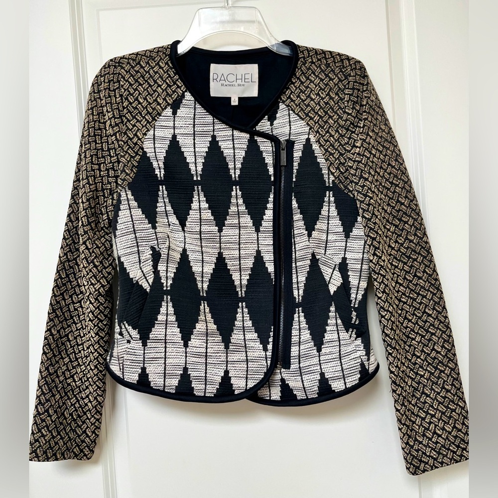 RACHEL Rachel Roy Black and White Geometric Blazer - Size 4